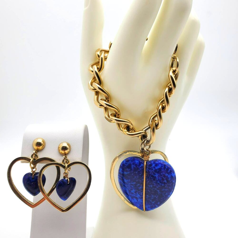 Blue Puffy Heart Charm Bracelet Clip Earrings‎ Love Gold Tone Sweetheart Jewelry